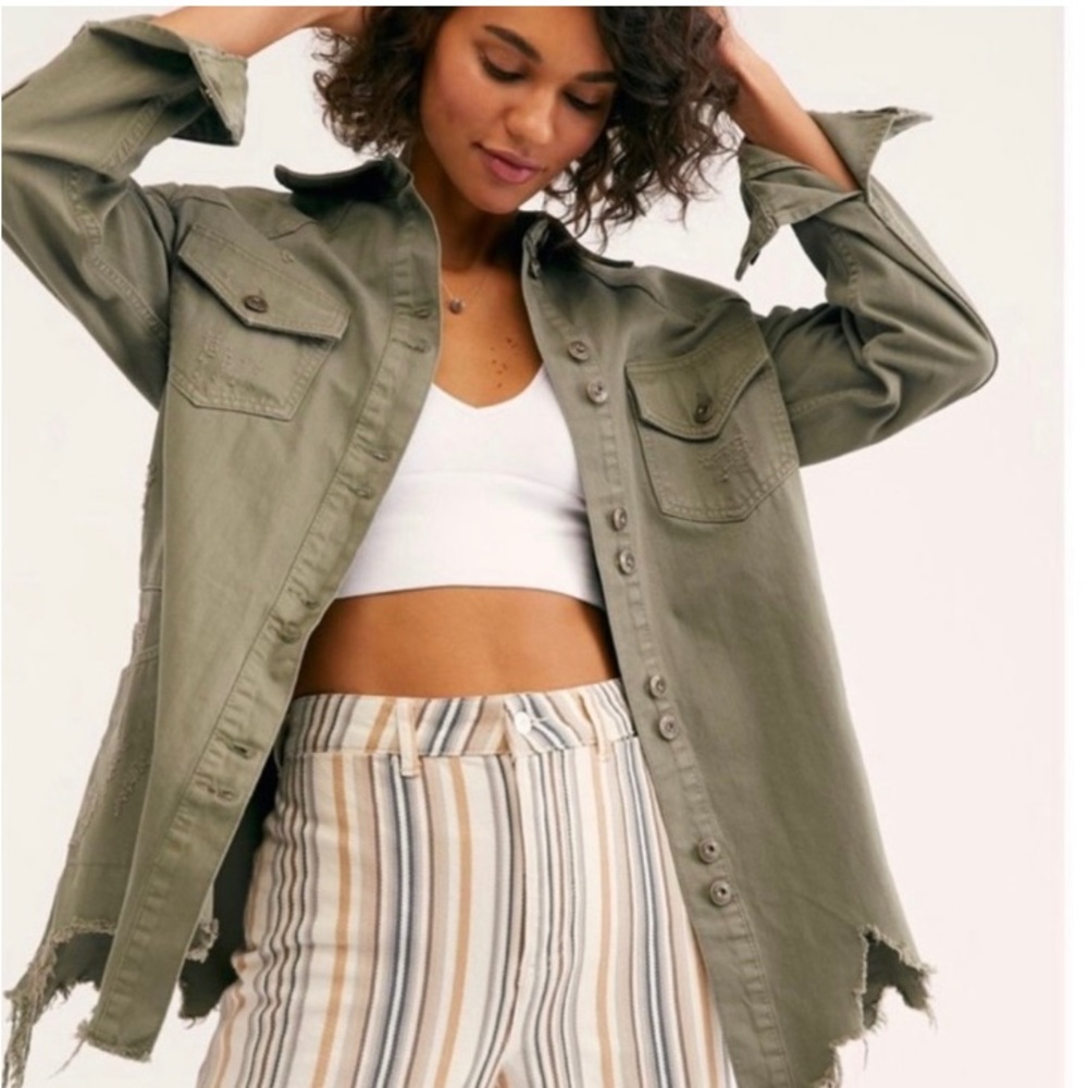 Free People Moonchild Army Green Distressed Button up Shacket - Picture 1 of 5